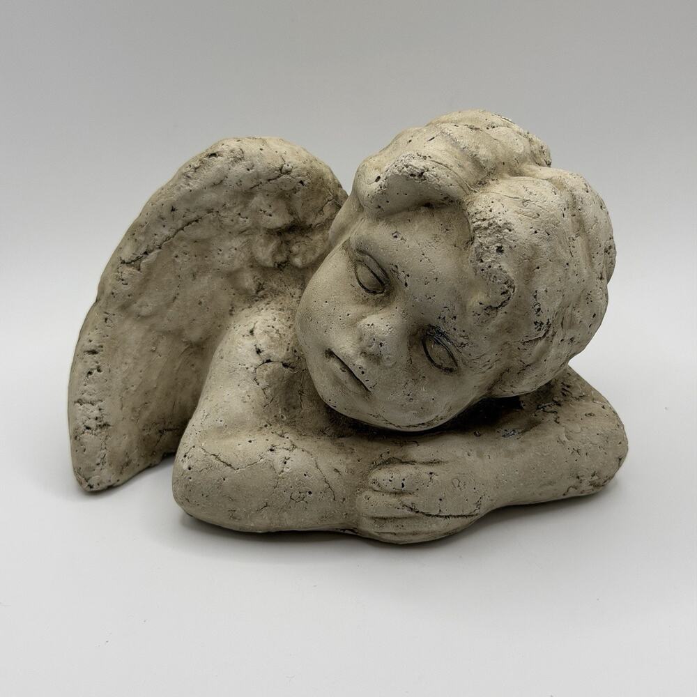 Ceramic Plaster Sleeping Cherub Angel Aged Look Head House Garden Statue 5”x4”H